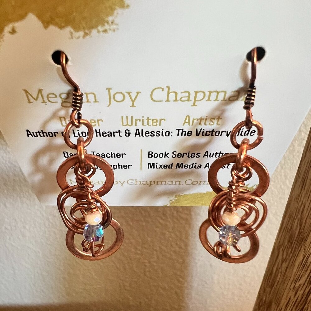 Solid Copper Earrings with Light Blue and Pearl Bead NWT Megan Joy Chapman